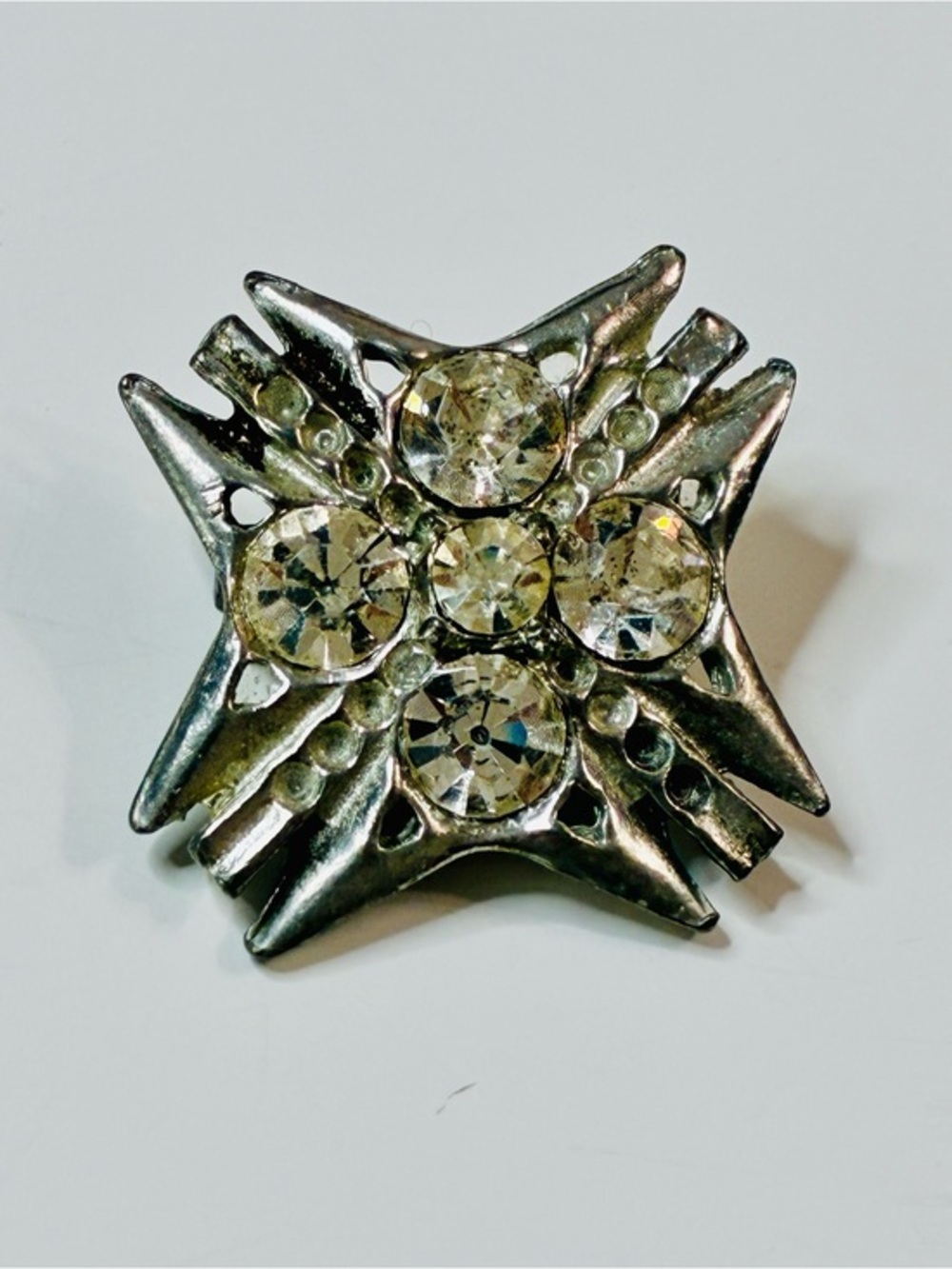 Vintage Silver Crystal Starburst Pin Brooch - Clear Stones MCM